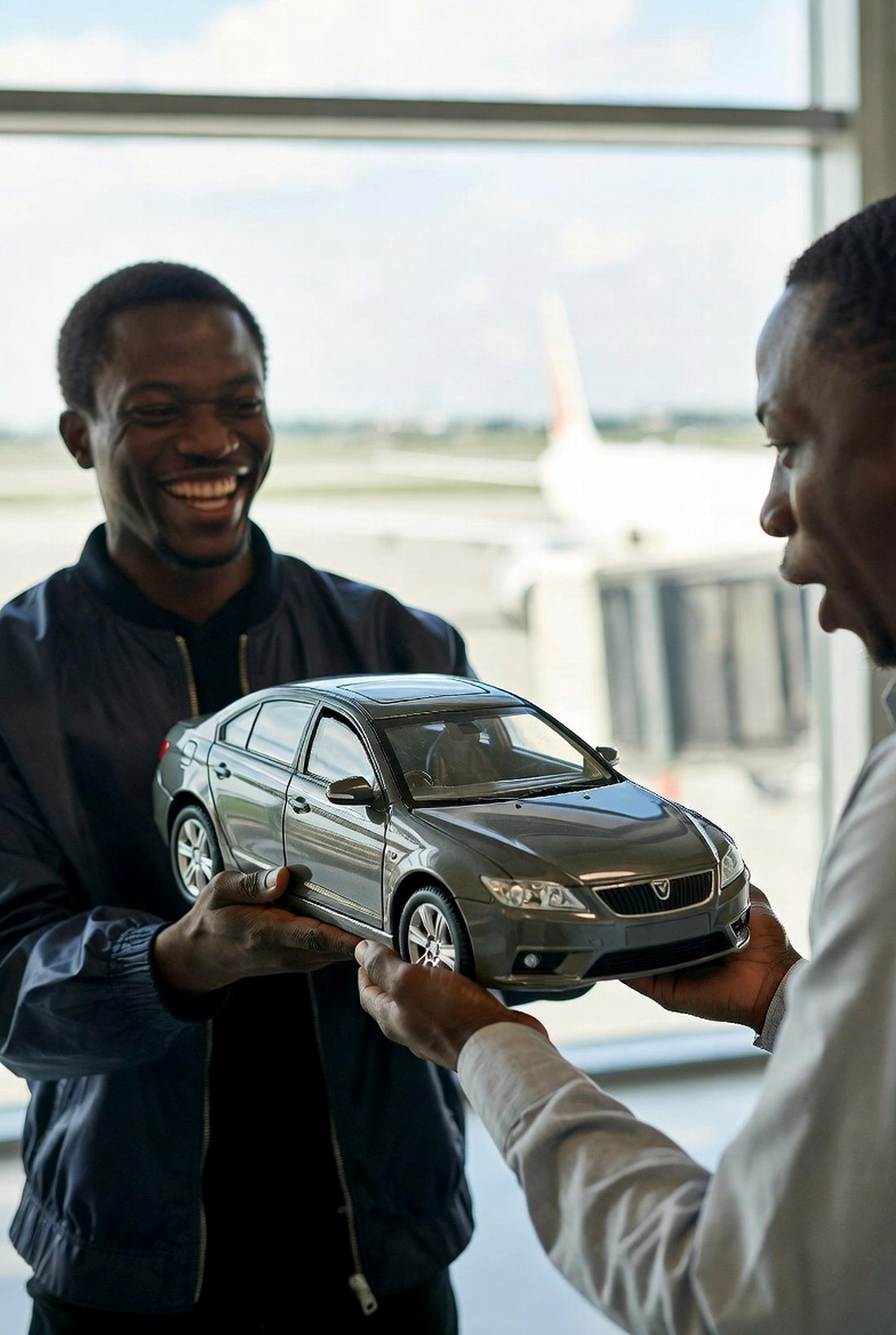 A MUEVO host hands a guest a scale model of the car inside an airport arrivals terminal