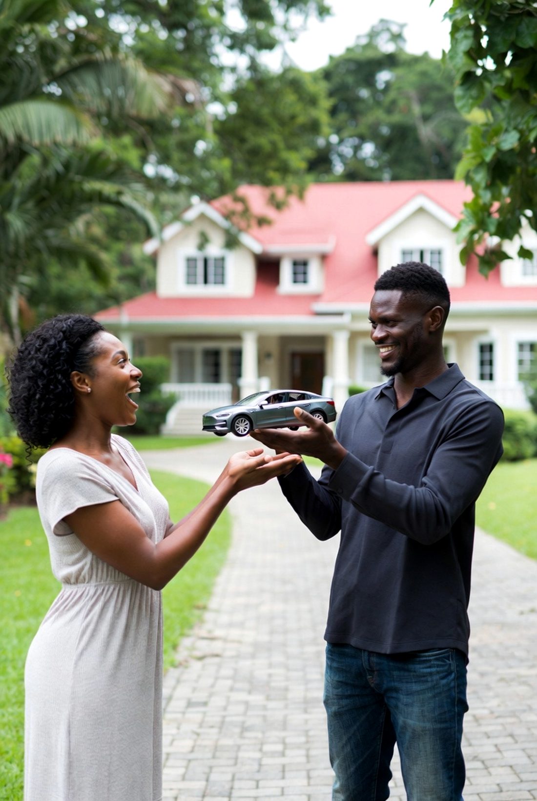 A MUEVO host hands over a scale model of the car in a residential driveway