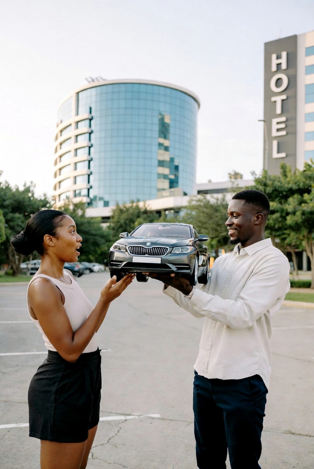 A MUEVO host presents a scale model of the car to a guest outside a hotel entrance